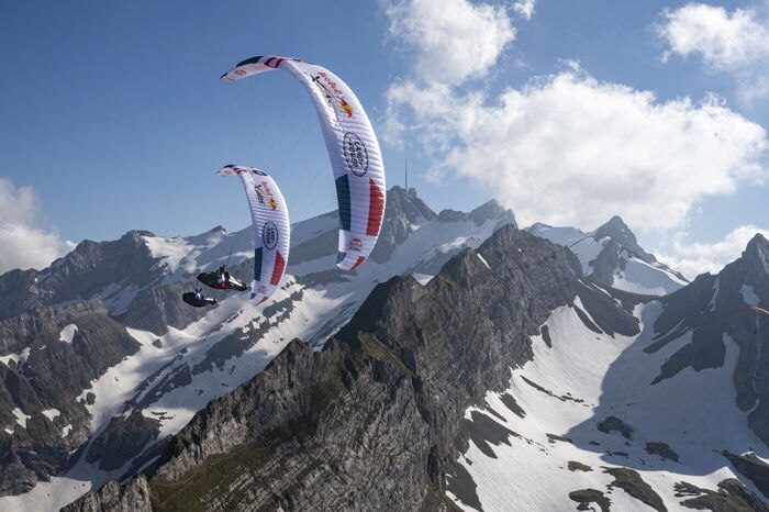 Participant flies during the Red Bull X-Alps preparations at Säntis, Switzerland on June 13, 2021