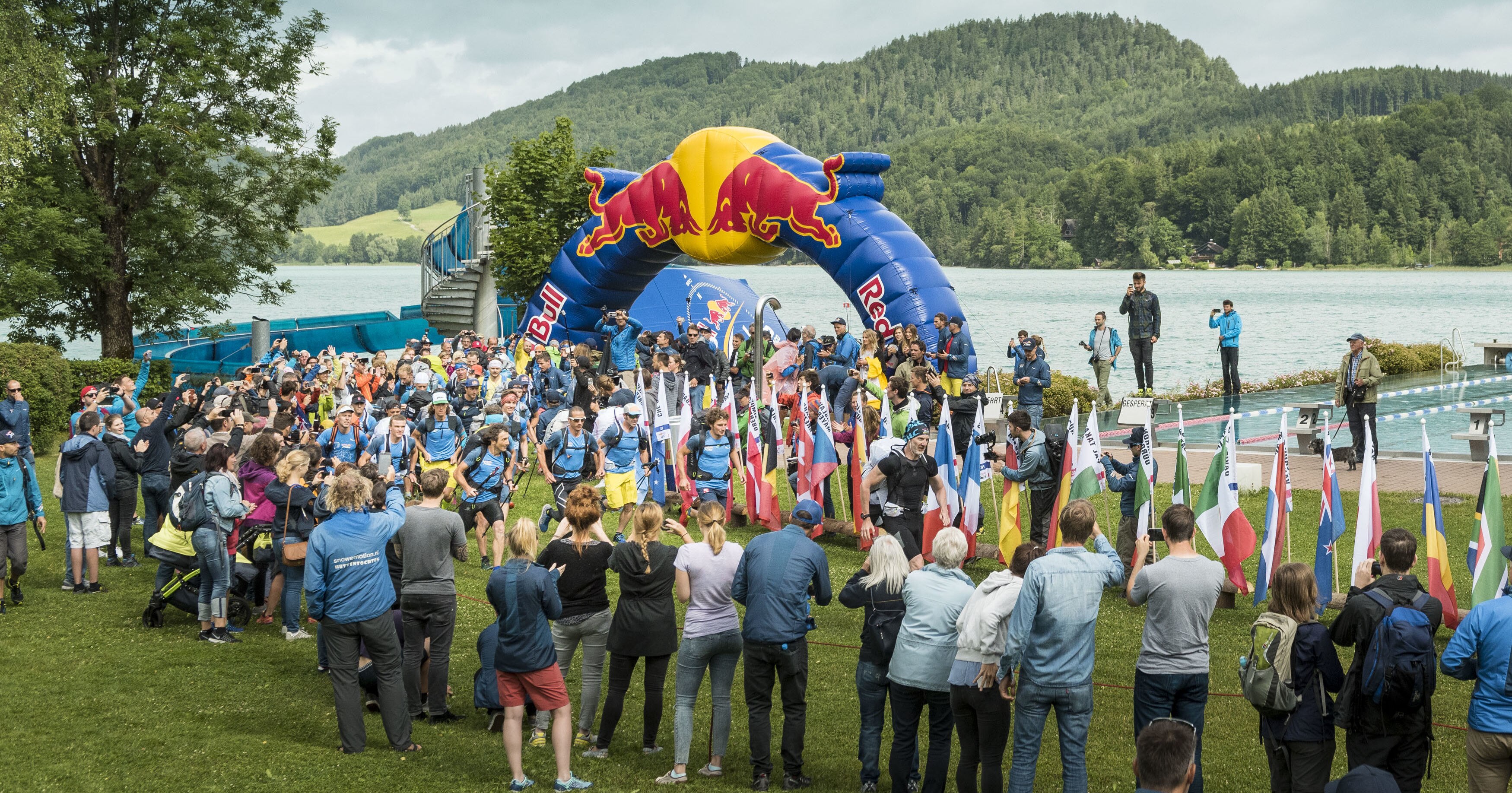 Competitors perform during the Red Bull X-Alps Leatherman Prologue in Fuschl am See, Austria on June 29, 2017