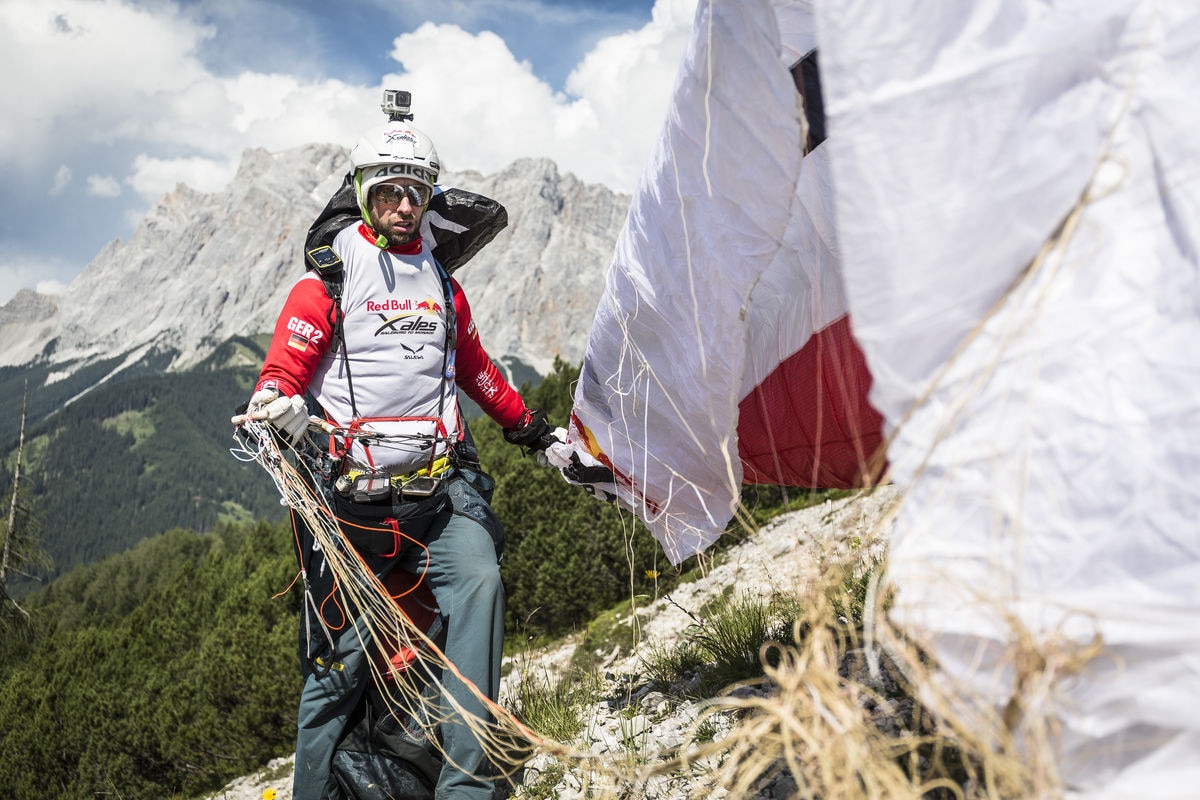 Manuel Nuebel (GER2) performs during the Red Bull X-Alps preparations at Dachstein, Austria on June 28, 2017