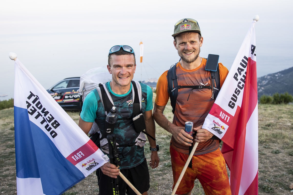 Paul Guschlbauer (AUT1) and Benoit Outters (FRA1) pose for a portrait during the Red Bull X-Alps in Peille, France on June 26, 2019