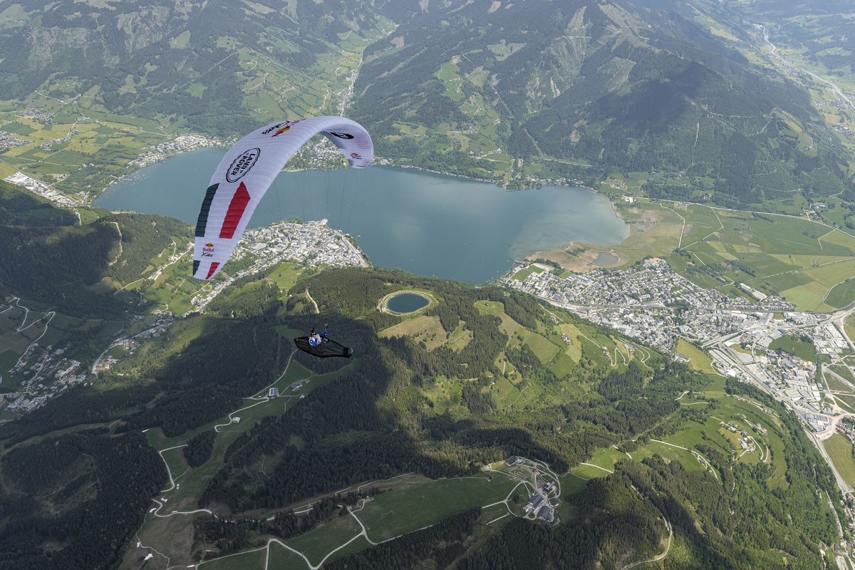 Participant flies during the Red Bull X-Alps preparations in Zell am See, Austria on June 03, 2021