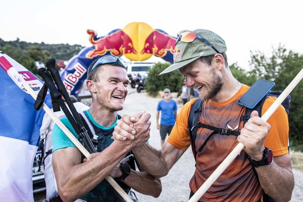 Paul Guschlbauer (AUT1) and Benoit Outters (FRA1) celebrate during the Red Bull X-Alps in Peille, France on June 26, 2019