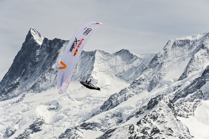 Participant flies during the Red Bull X-Alps preparations in Grindelwald, Switzerland on may 24, 2019