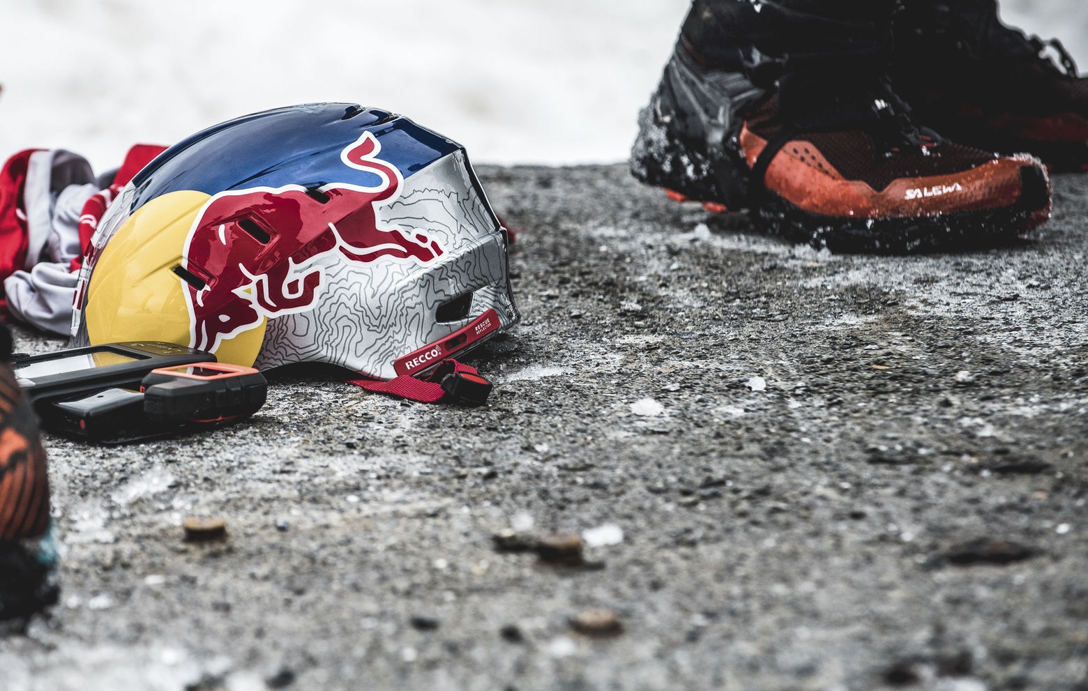 Paul Guschlbauer´s (AUT1) helmet at the Red Bull X-Alps at Titlis Turnpoint, Swizerland on June 21, 2019.