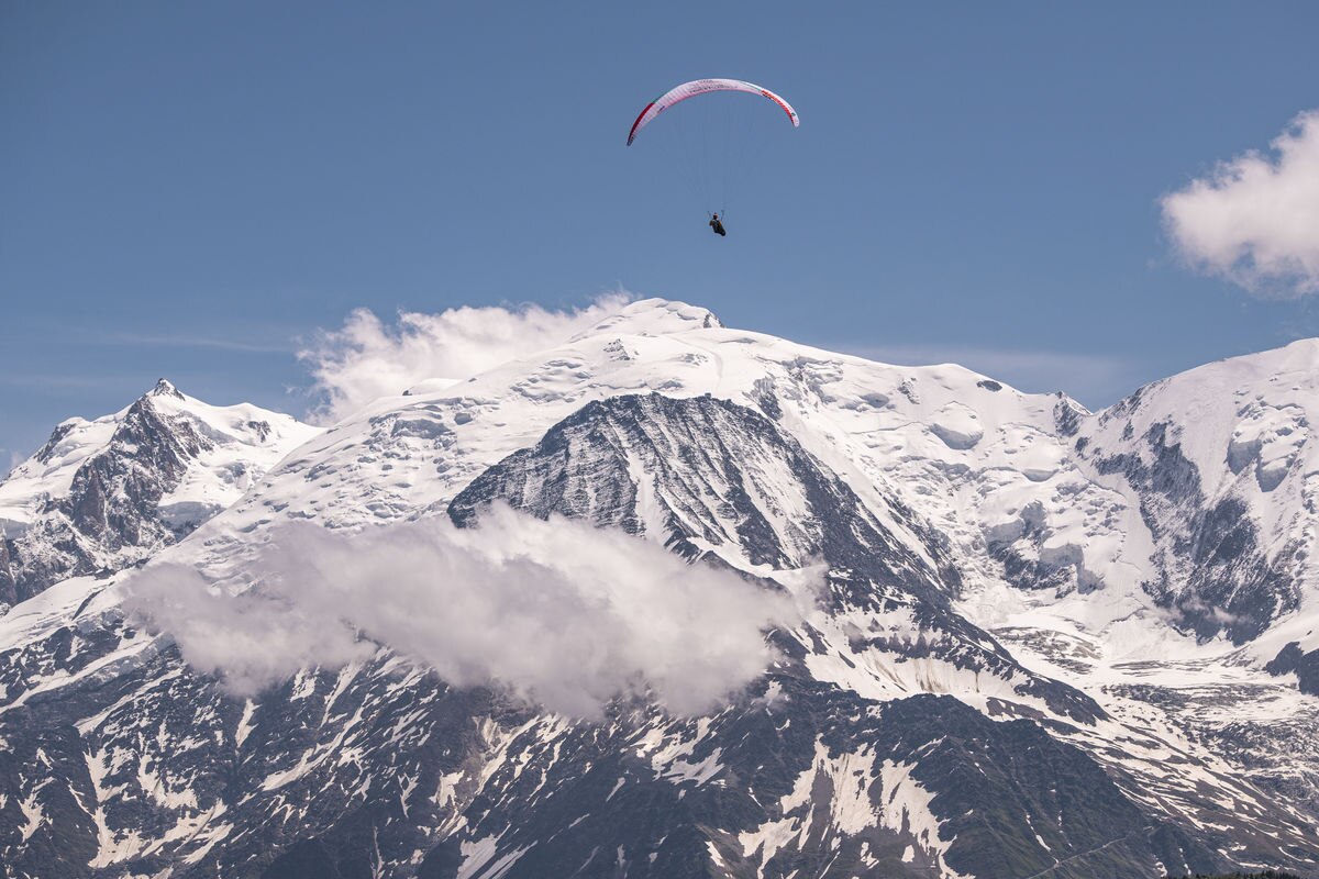 Chrigl Maurer (SUI1) performing during the Red Bull X-Alps at the Mt Blanc / France on 26-June-2021. In this endurance adventure race athletes from 18 nations have to fly with paragliders or hike from Salzburg along the alps towards France, around the Mont Blanc back to Salzburg.