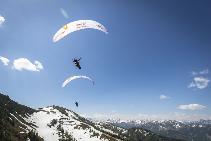 RBXA athletes perform during the Red Bull X-Alps prologue in Wagrain, Austria on June 13, 2019