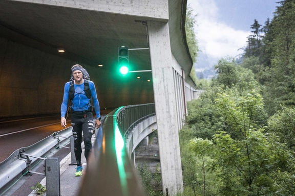 Christian Maurer (SUI1) hikes during the Red Bull X-Alps close to Kappl, Austria on June 19, 2019