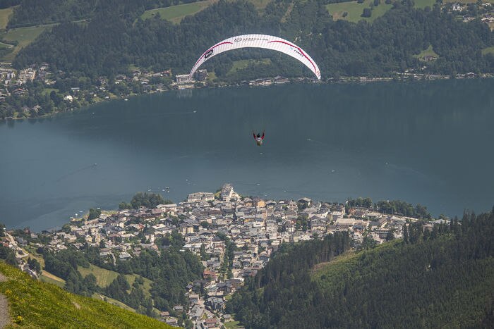 Maxime Pinot (FRA1) performing during the Red Bull X-Alps at Zell am See / Austria on 29-June-2021. In this endurance adventure race athletes from 18 nations have to fly with paragliders or hike from Salzburg along the alps towards France, around the Mont Blanc back to Zell am See.