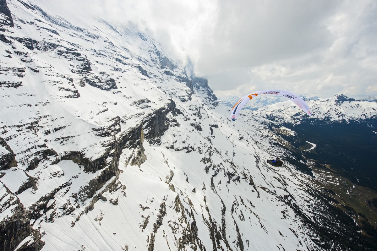 Participant flies during the Red Bull X-Alps preparations in Grindelwald, Switzerland on may 24, 2019
