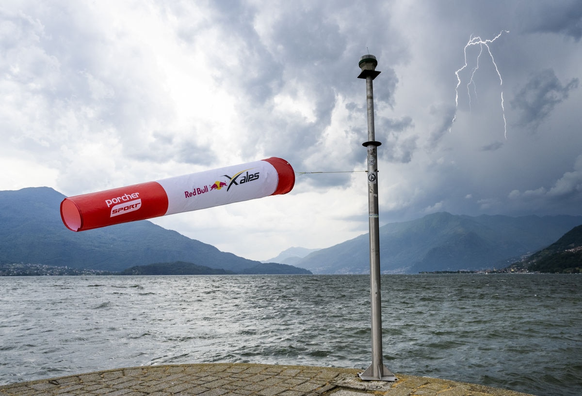 Wind sock performing during X-Alps on lake Como, Italy on June 29, 2021
