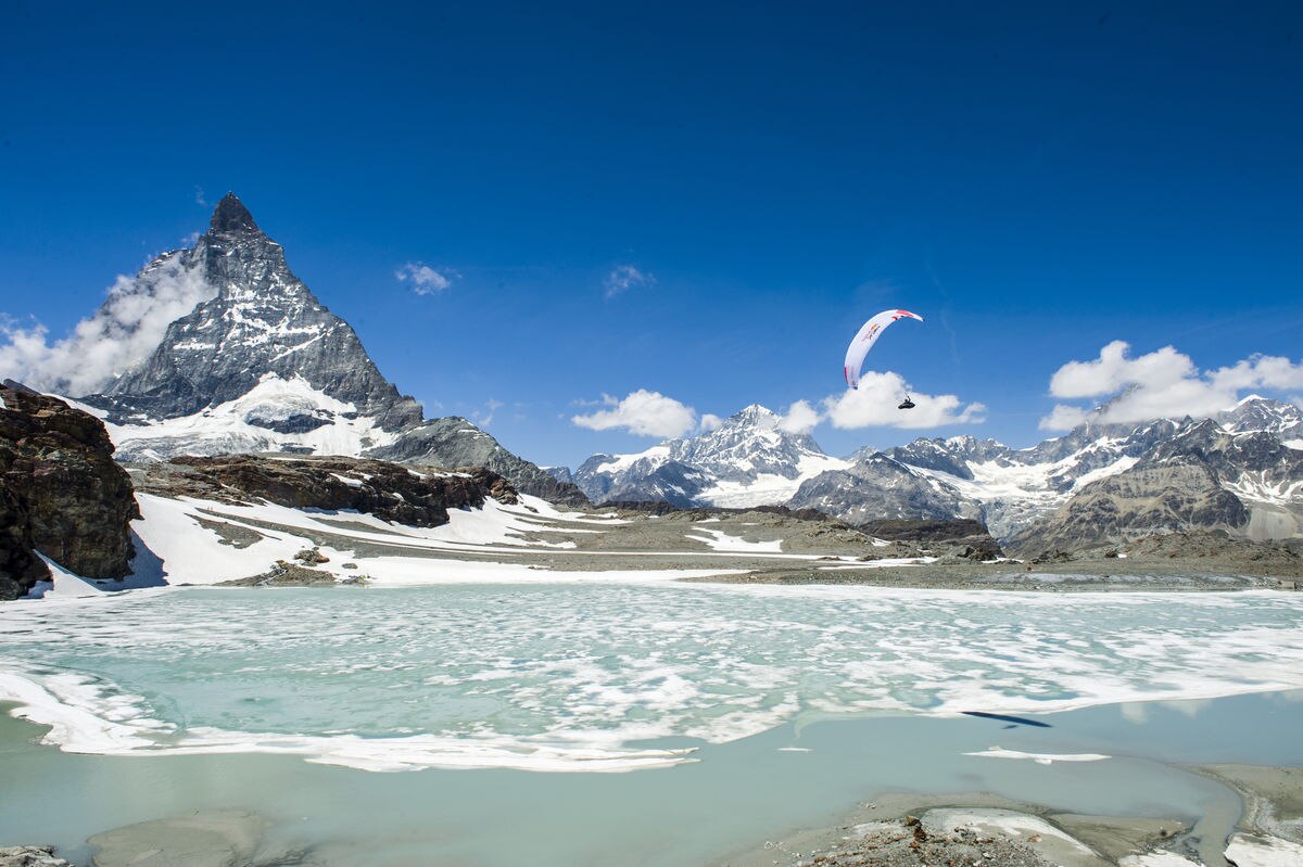 Participant flies during the Red Bull X-Alps preparations in Zermatt, Switzerland on June 19, 2017