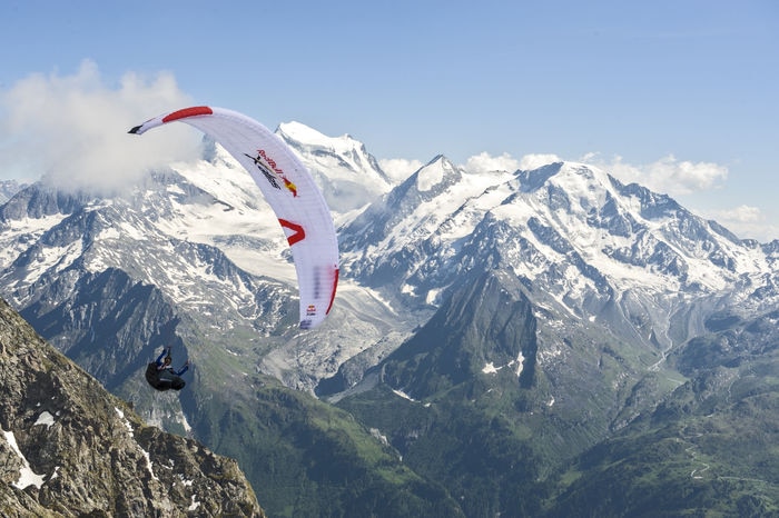 Participant flies during the Red Bull X-Alps preparations in Verbier, Switzerland on June 18, 2017