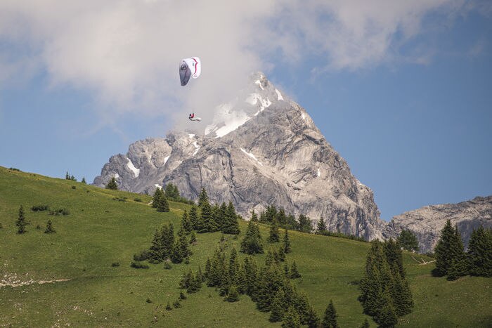 Maxime Pinot (FRA1) performing during the Red Bull X-Alps in Montafon / Austria on 23-June-2021. In this endurance adventure race athletes from 18 nations have to fly with paragliders or hike from Salzburg along the alps towards France, around the Mont Blanc back to Salzburg.