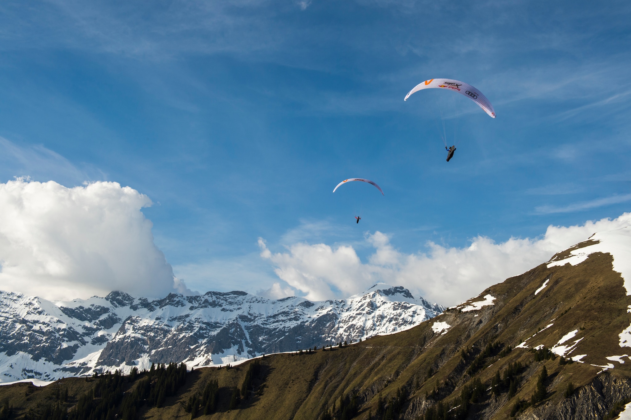 Participant flies during the Red Bull X-Alps preparations in Fanas, Switzerland on june 01, 2019