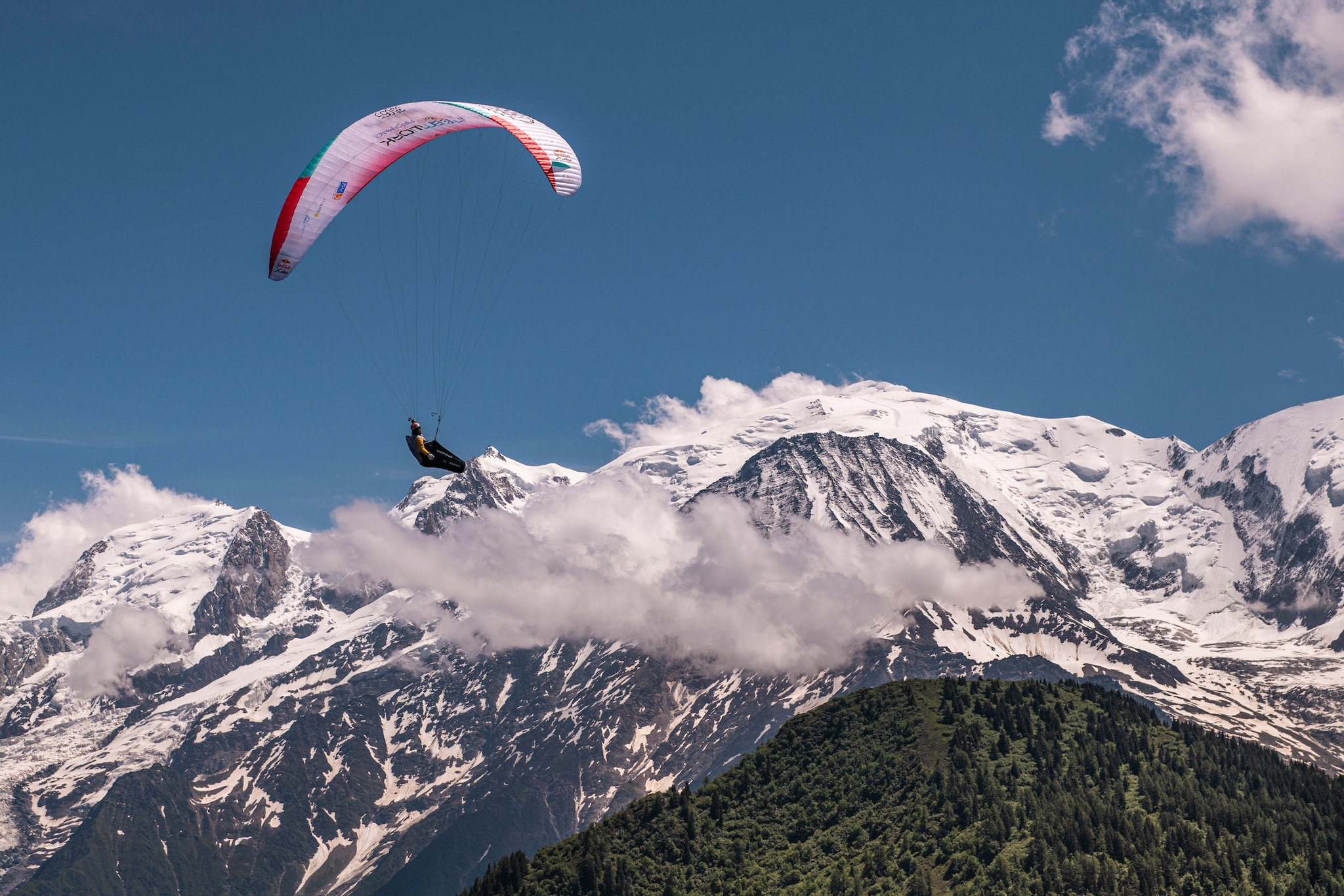 Chrigl Maurer (SUI1) performing during the Red Bull X-Alps at the Mt Blanc / France on 26-June-2021. In this endurance adventure race athletes from 18 nations have to fly with paragliders or hike from Salzburg along the alps towards France, around the Mont Blanc back to Salzburg.