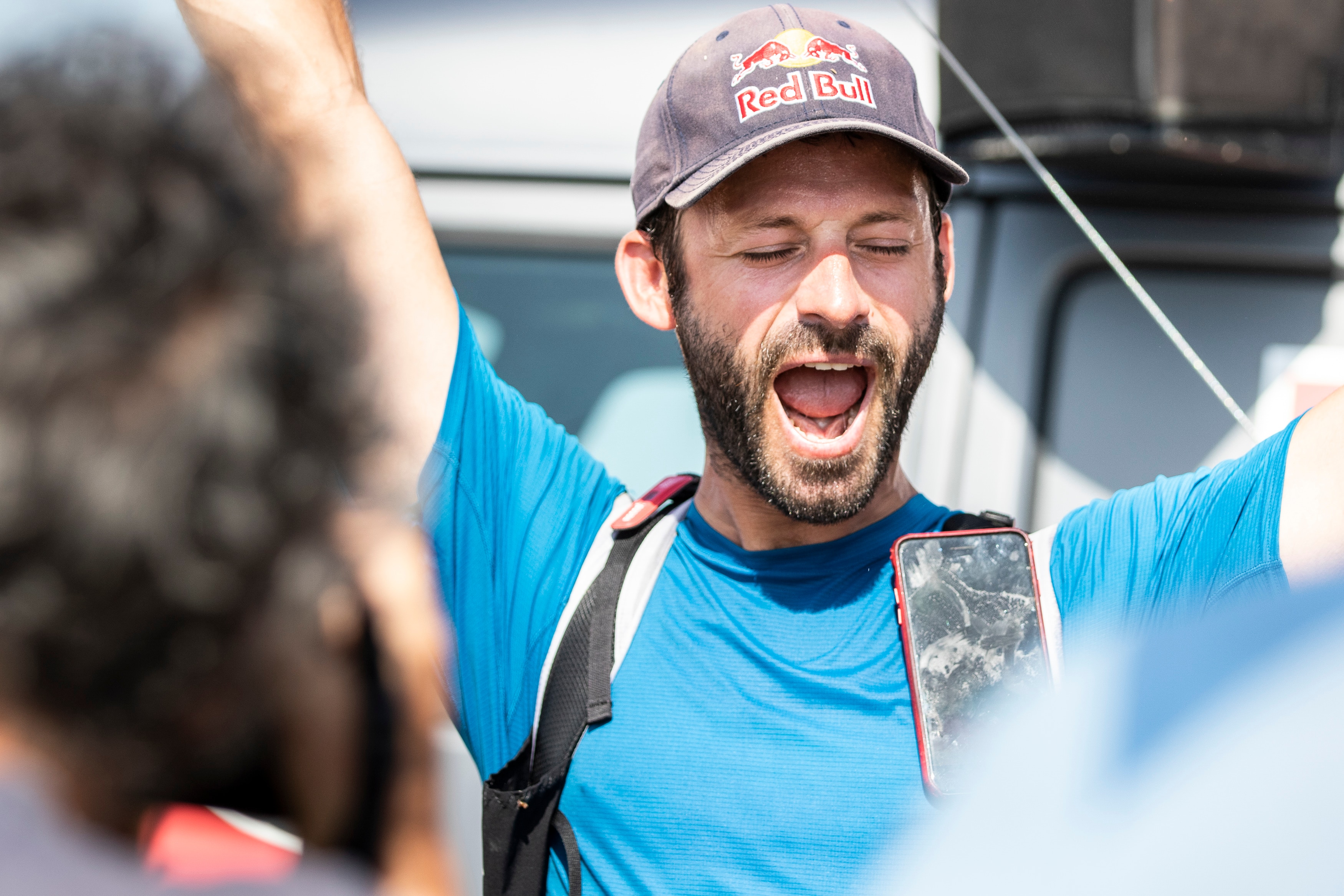 Tom De Dorlodot (BEL) celebrates during the Red Bull X-Alps in Peille, France on June 27, 2019