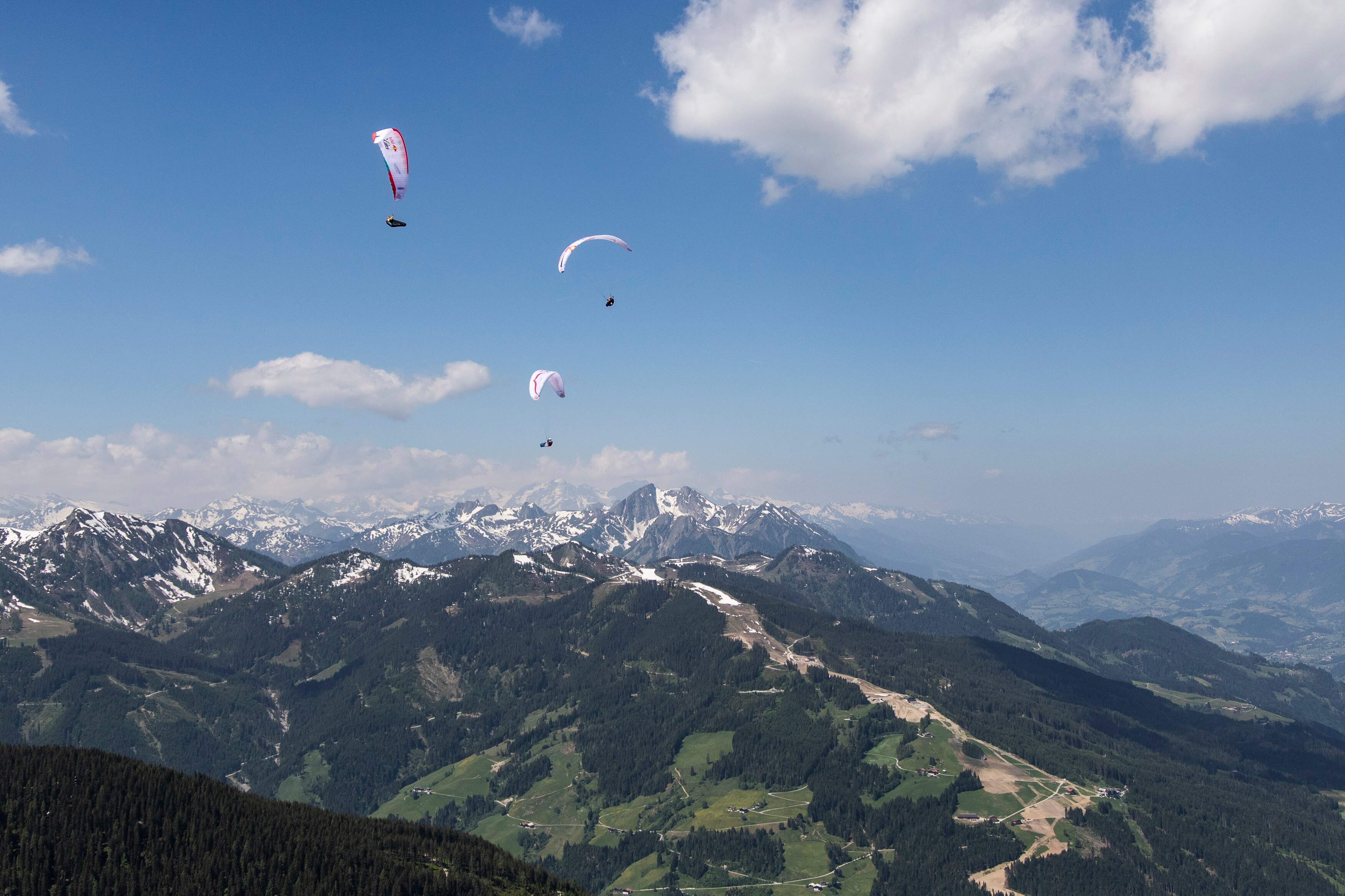 Participants perform during the Red Bull X-Alps prologue in Wagrain, Austria on June 13, 2019