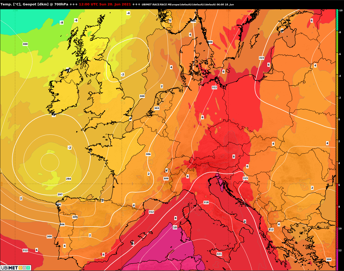 Temperature 700hPa Sunday