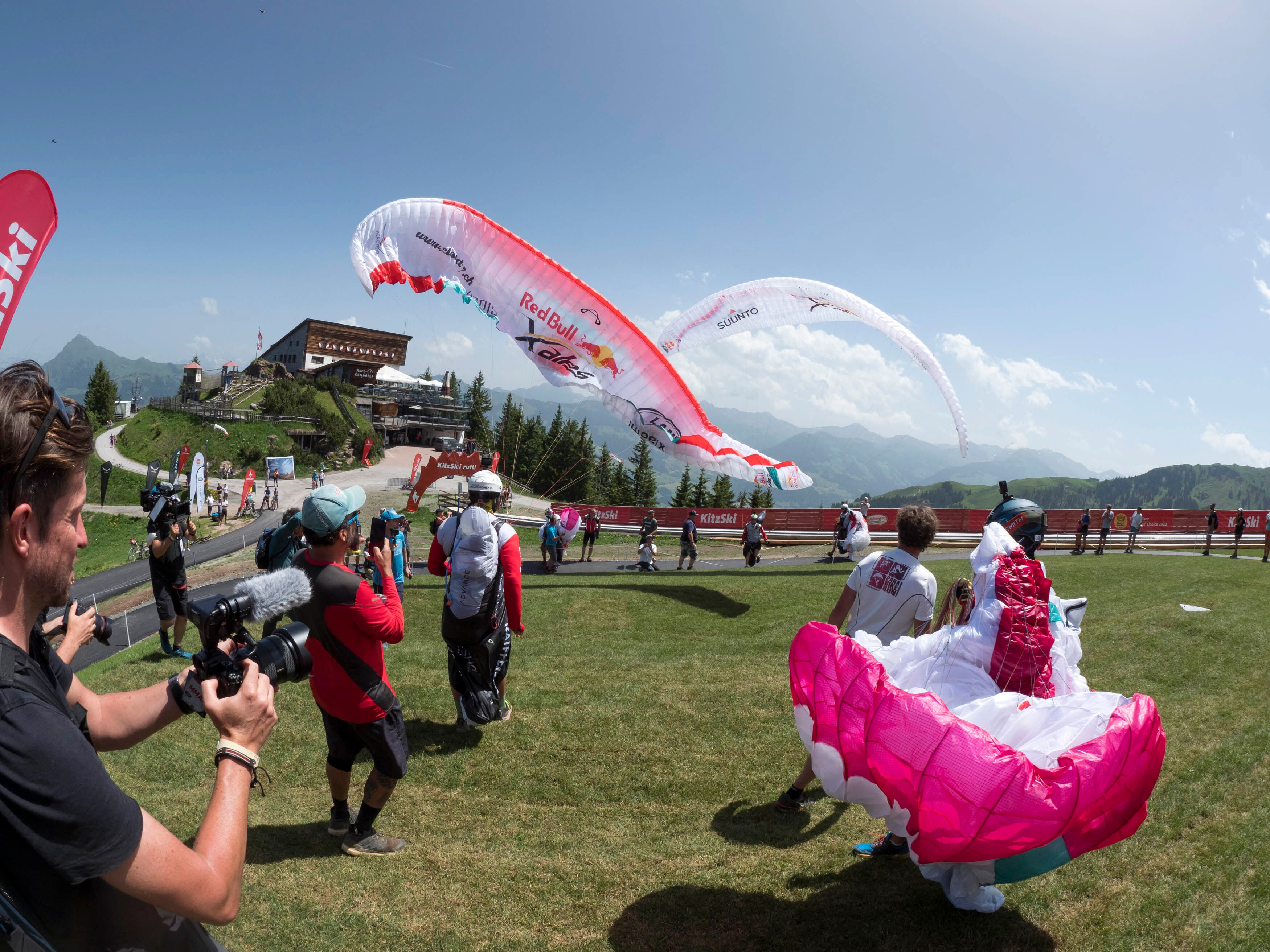 Athletes seen during the Red Bull X-Alps 2021 on Hahnenkamm in Kitzbuhel, Austria on August 21, 2021