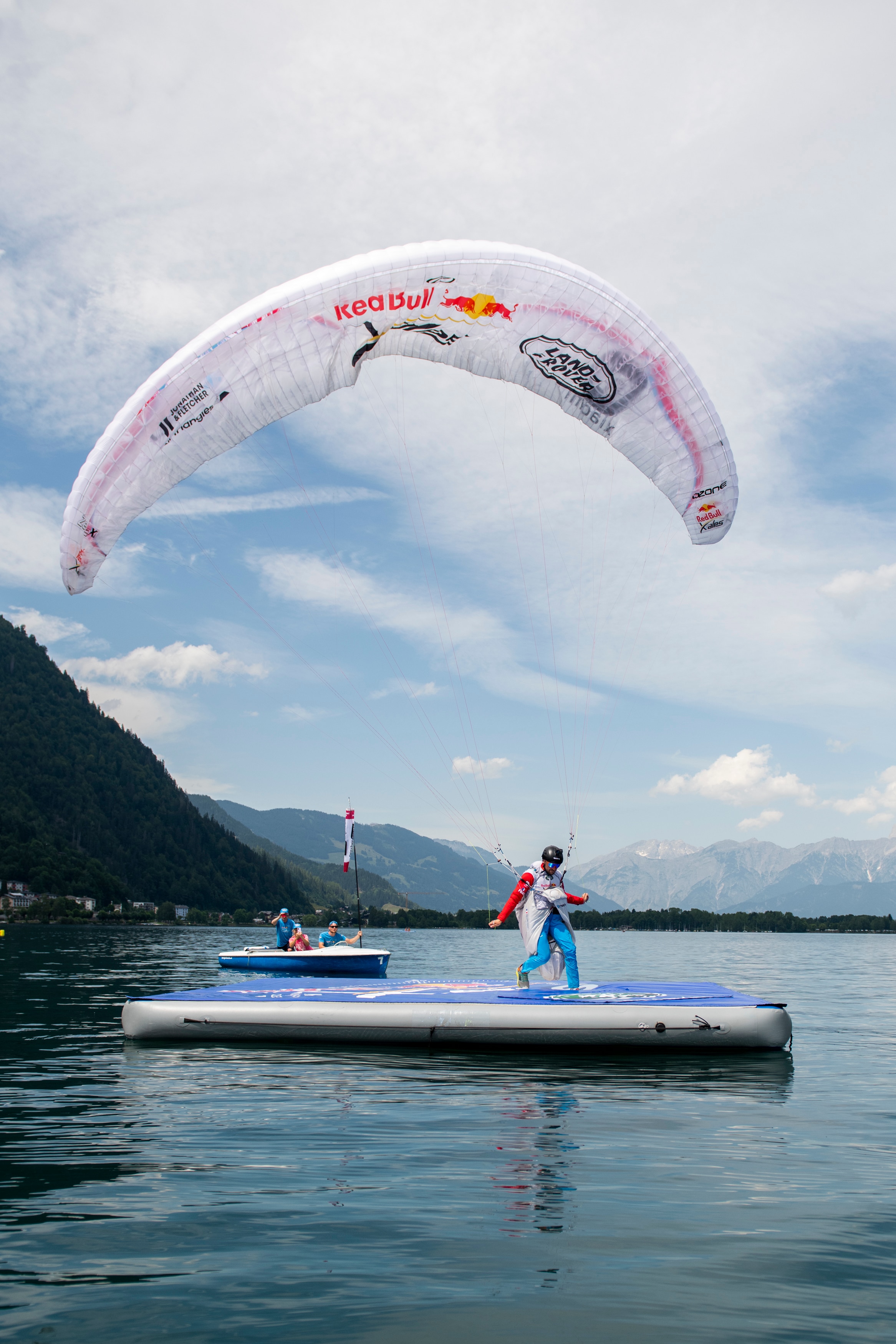 FRA1 celebrates in the Red Bull X-Alps finish in Zell am See, Austria on June 29, 2021.
