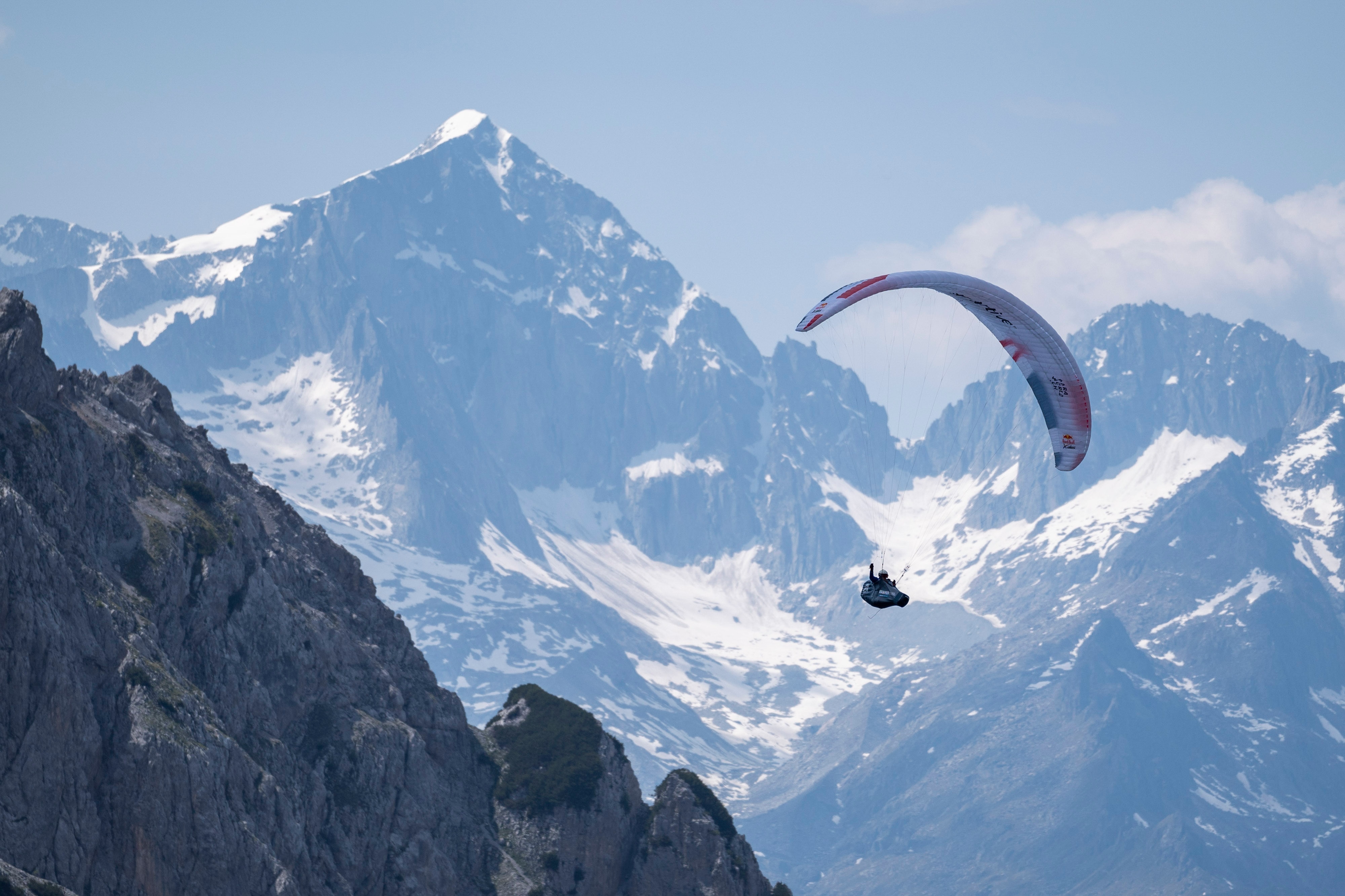 Reto Reiser performs during the Red Bull X-Alps in Madonna di Campiglio at the Rifugio Brentei   in Italy, on June 17, 2023.