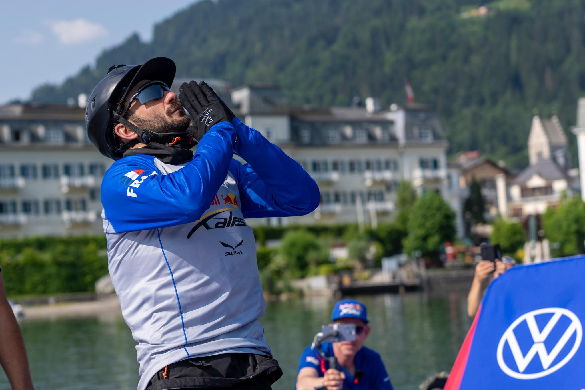 Tim Alongi (FRA4) celebrates in the finish of the Red Bull X-Alps in Zell am See, Schmittenhöhe, Austria on June 18, 2023.