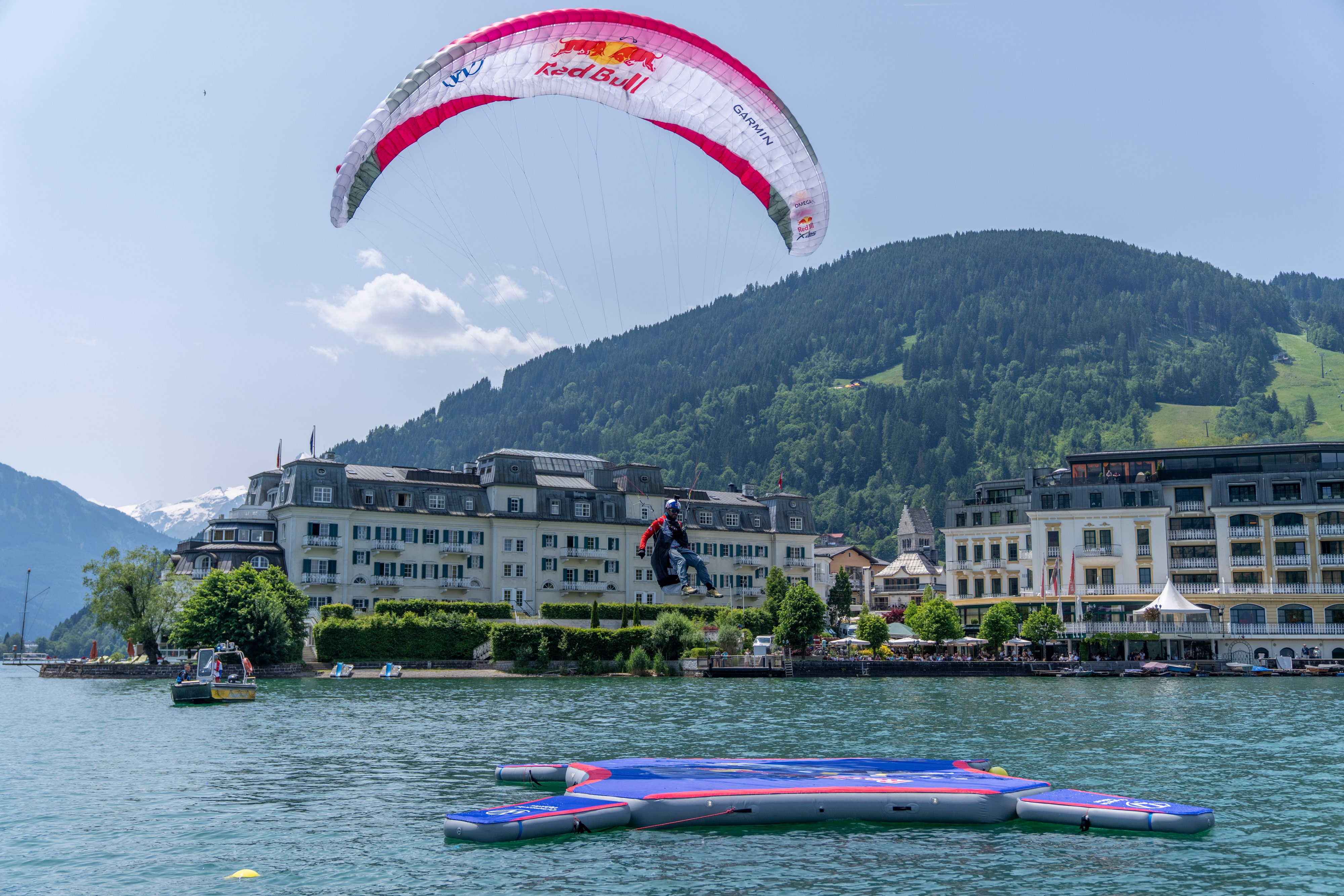 Tom de Dorledot (BEL) celebrates in the finish of the Red Bull X-Alps in Zell am See, Schmittenhöhe, Austria on June 18, 2023.